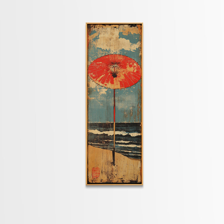Red Beach Umbrella By Blue Ocean Framed Canvas Print, Coastal Wall Art, Beach House Decor, Summer Seascape Print, Living Room Decor