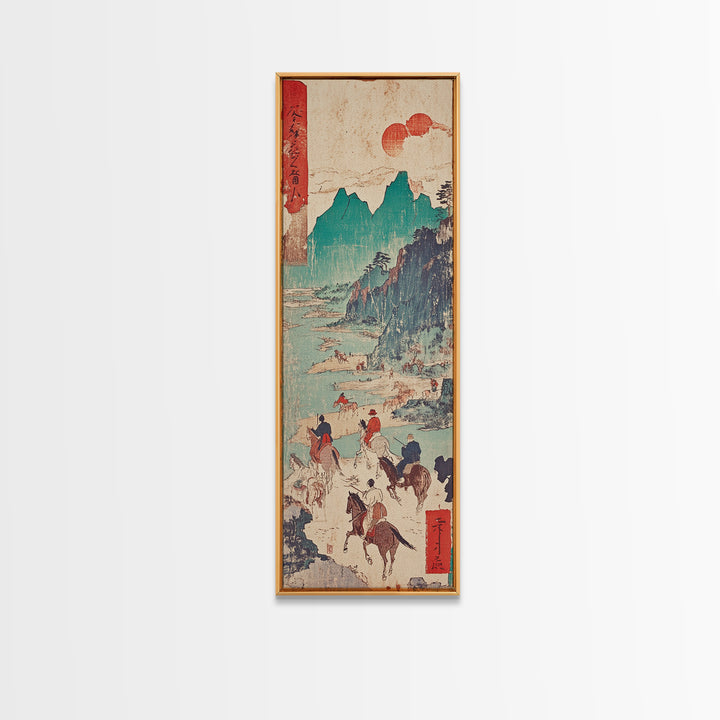 Horseback Riders In Turquoise Mountains Wall Art, Japanese Landscape Print, Western Travel Poster, Rustic Home Decor Gift