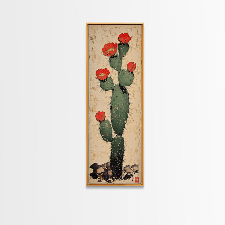 Prickly Pear Cactus With Red Flowers Canvas Print, Desert Wall Art, Southwestern Botanical Decor, Boho Home Decor, Living Room Decor