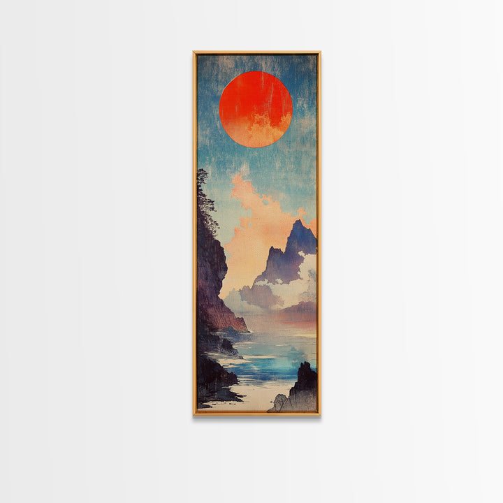 Red Sun Blue Mountain Seascape Wall Art, Japanese Landscape Print, Coastal Asian Decor, Tall Narrow Canvas For Living Room