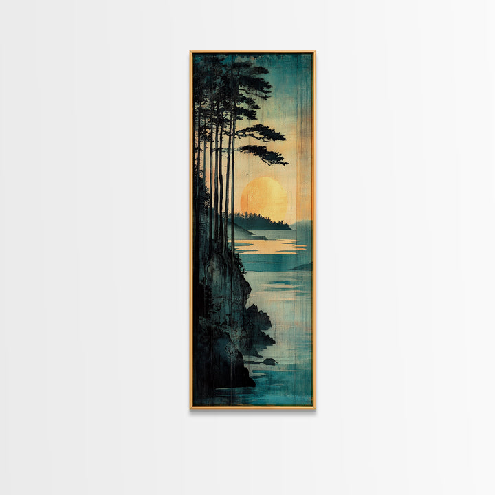 Golden Sun Forest Coast Wall Art, Japanese Landscape Print, Teal Nature Decor, Long Vertical Canvas For Bedroom Or Living Room