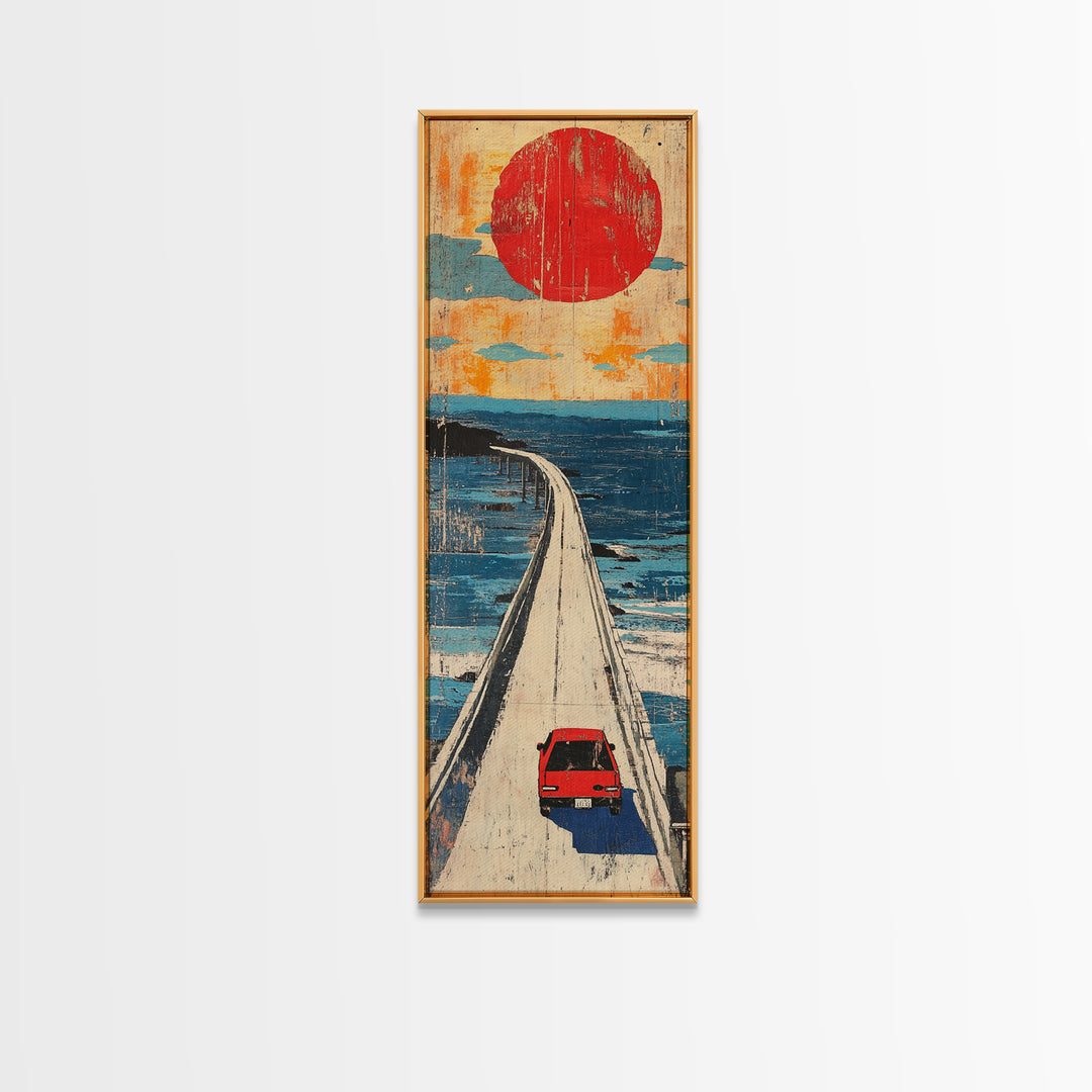 Red Car Ocean Bridge Wall Art, Retro Travel Poster Style, Japanese Coastal Decor, Long Vertical Canvas Print For Entryway