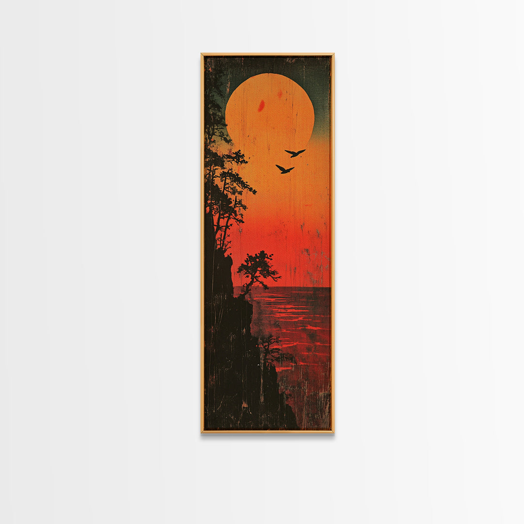 Orange Sunset Lake Silhouette Wall Art, Moody Nature Landscape Print, Rustic Cabin Decor, Long Vertical Canvas For Bedroom