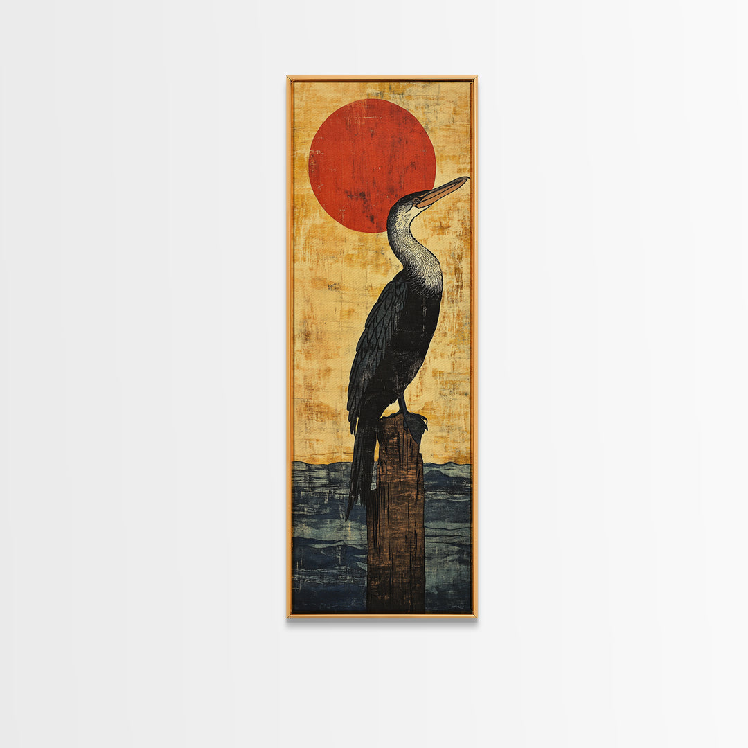 Black Cormorant Bird With Red Sun Wall Art, Japanese Coastal Framed Canvas Print For Nautical Decor And Nature Lovers Gift