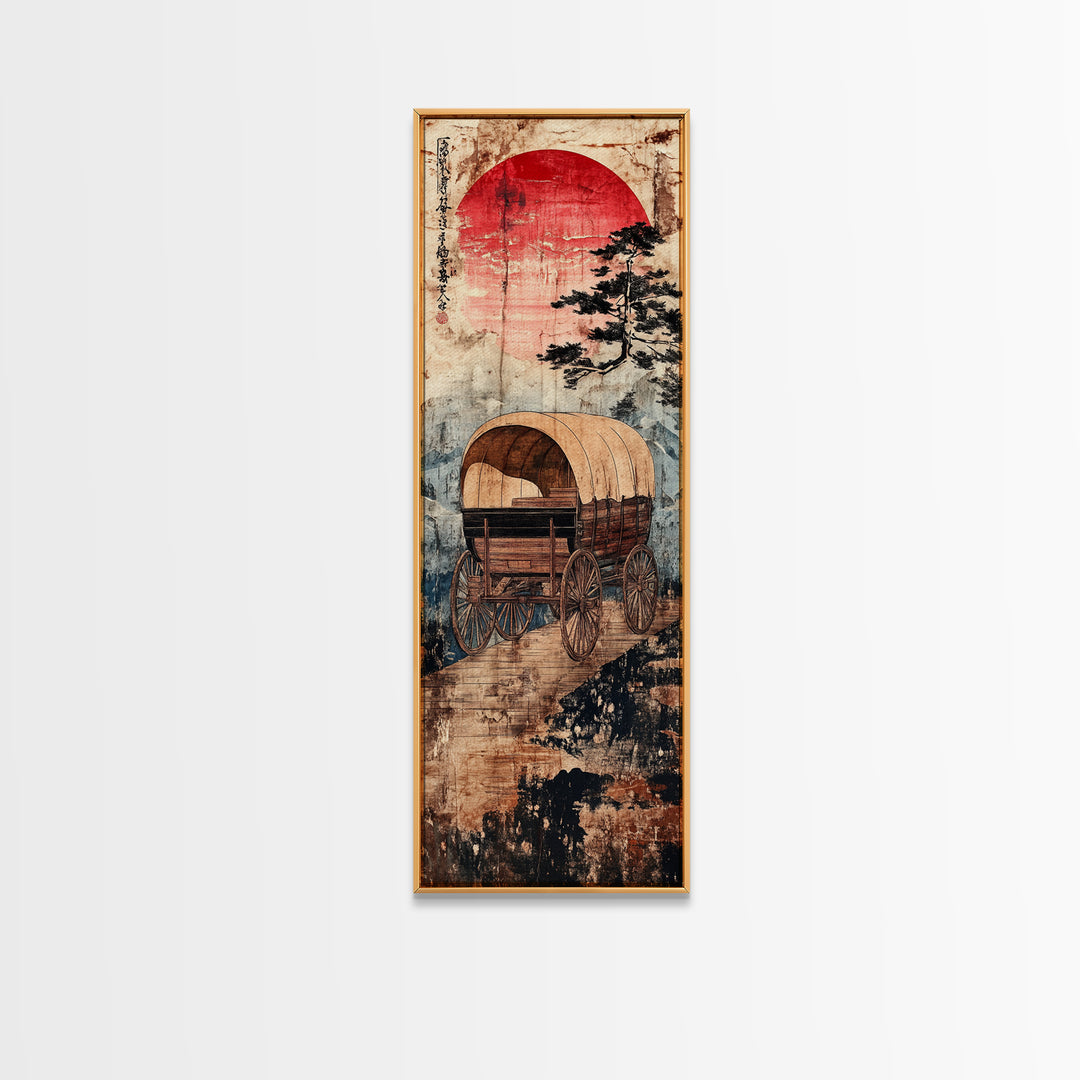 Covered Wagon Under Red Sun Canvas Print, Rustic Western Wall Art For Farmhouse Decor, Cowboy Decor And Housewarming Gift