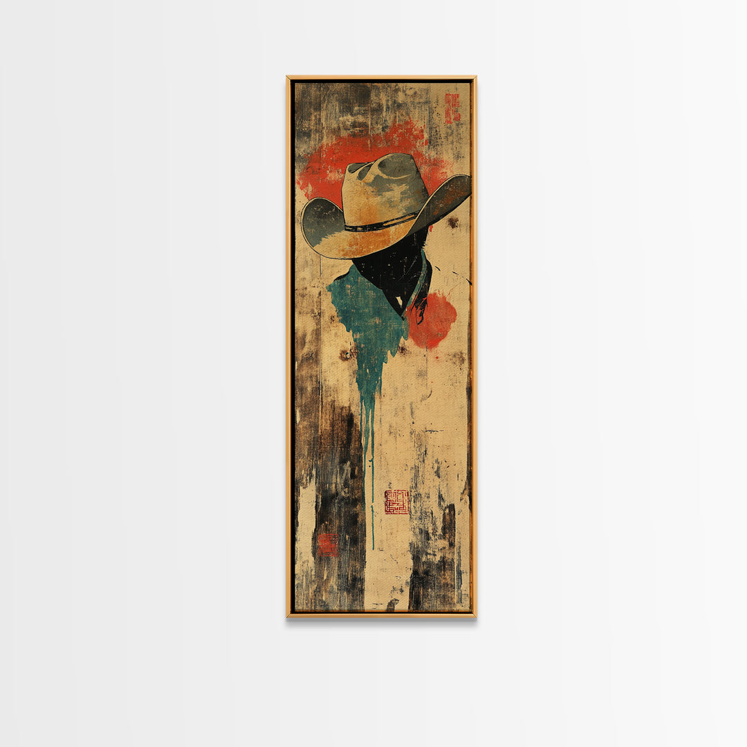 Weathered Cowboy Hat Silhouette Wall Art, Rustic Western Framed Canvas Print For Ranch Decor, Man Cave Decor, Gift For Him