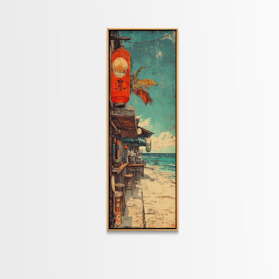 Seaside Japanese Street With Red Lantern Canvas Print, Coastal Wall Art For Beach House Decor, Travel Poster And Ocean Decor