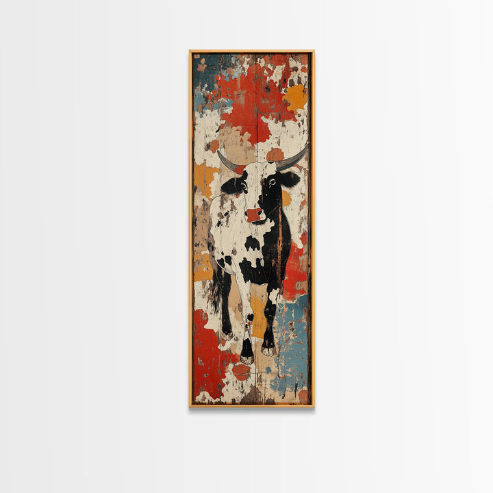Distressed Black And White Cow Painting Canvas Print, Rustic Farmhouse Wall Art, Western Kitchen Decor, Ranch House Gift