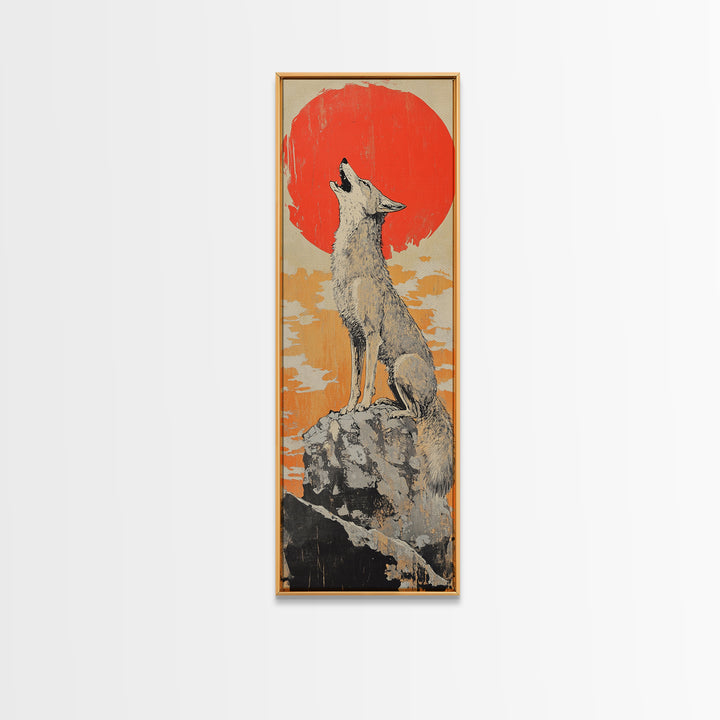 Howling White Wolf With Red Sun Framed Canvas Print, Desert Animal Wall Art, Southwestern Nursery Decor, Wildlife Gift For Him
