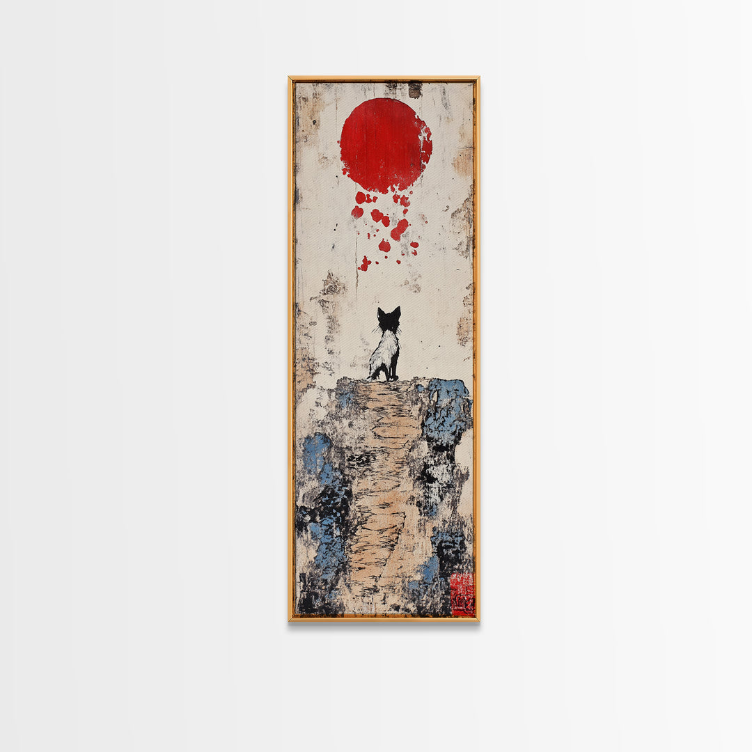Tiny Black Cat On Cliff With Red Moon Canvas Print, Japanese Wall Art, Whimsical Animal Poster, Nursery Room Decor Unique Gift