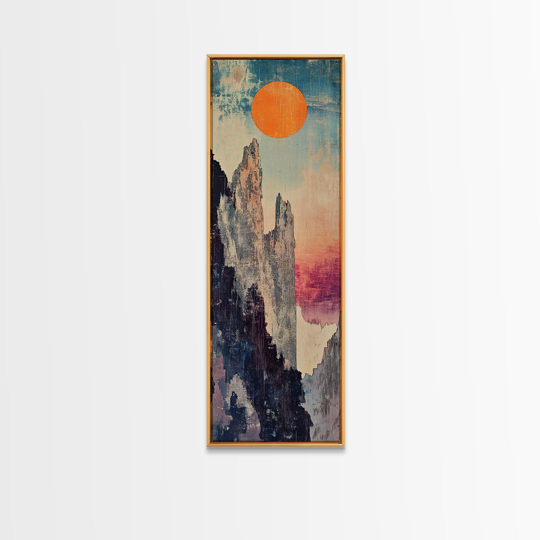 Tall Mountain Spires With Orange Sun Framed Canvas Print, Abstract Landscape Wall Art, Japandi Office Decor, Nature Gift