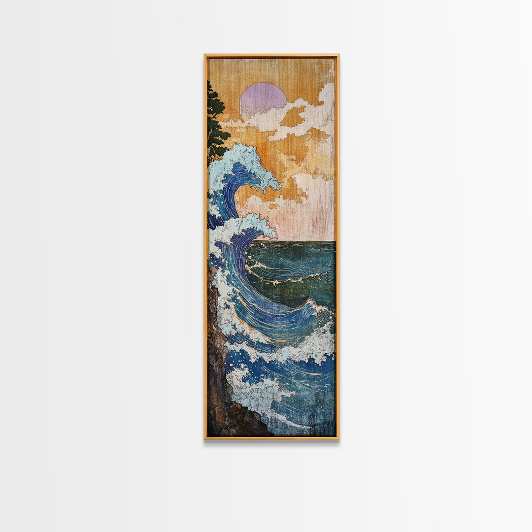 Blue Coastal Wave With Lavender Moon Framed Canvas Print, Ocean Wall Art, Nautical Bathroom Decor, Beach House Gift For Her
