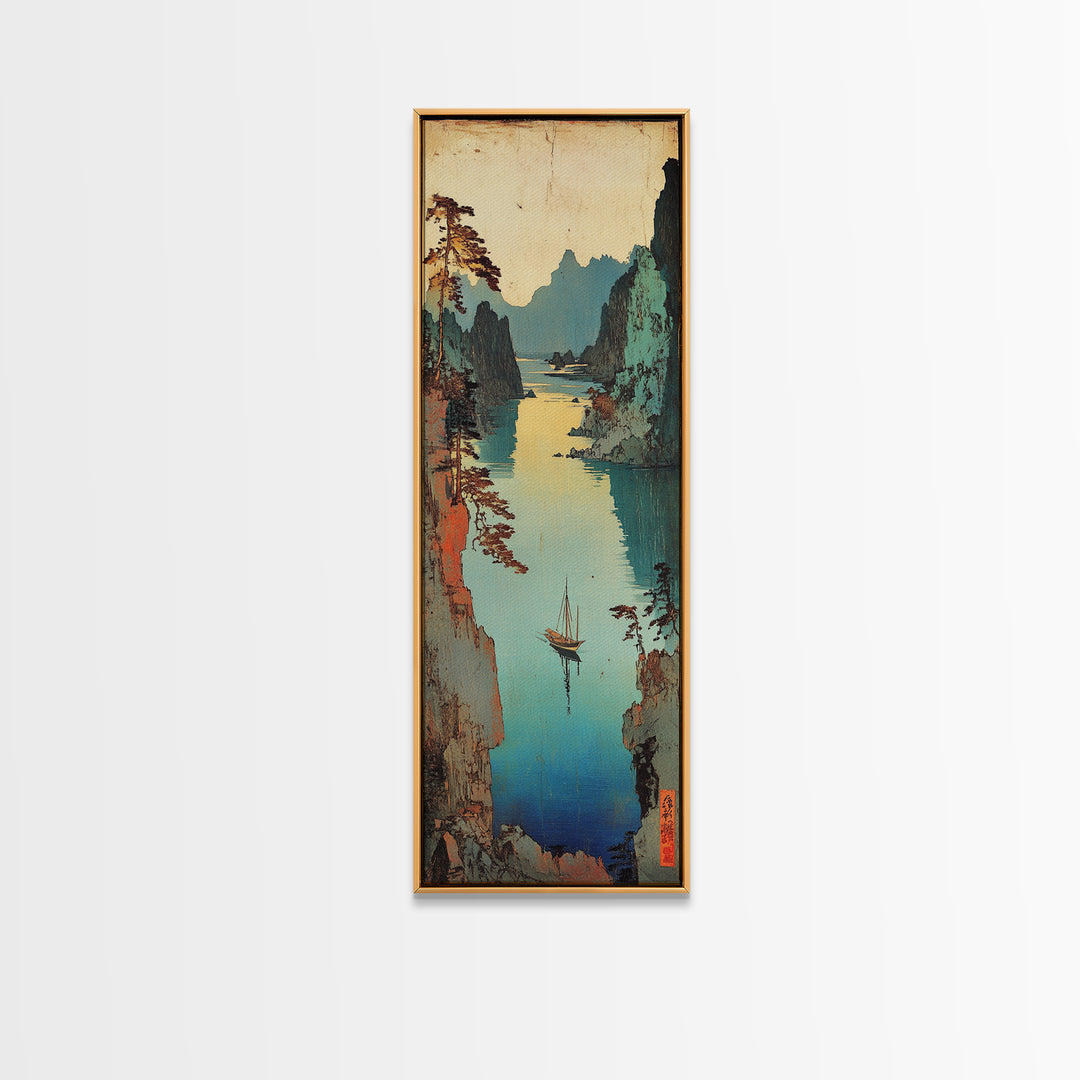 Misty Japanese River Gorge With Boats And Teal Cliffs Framed Canvas Print, Asian Landscape Art, Japandi Wall Decor, Zen Decor