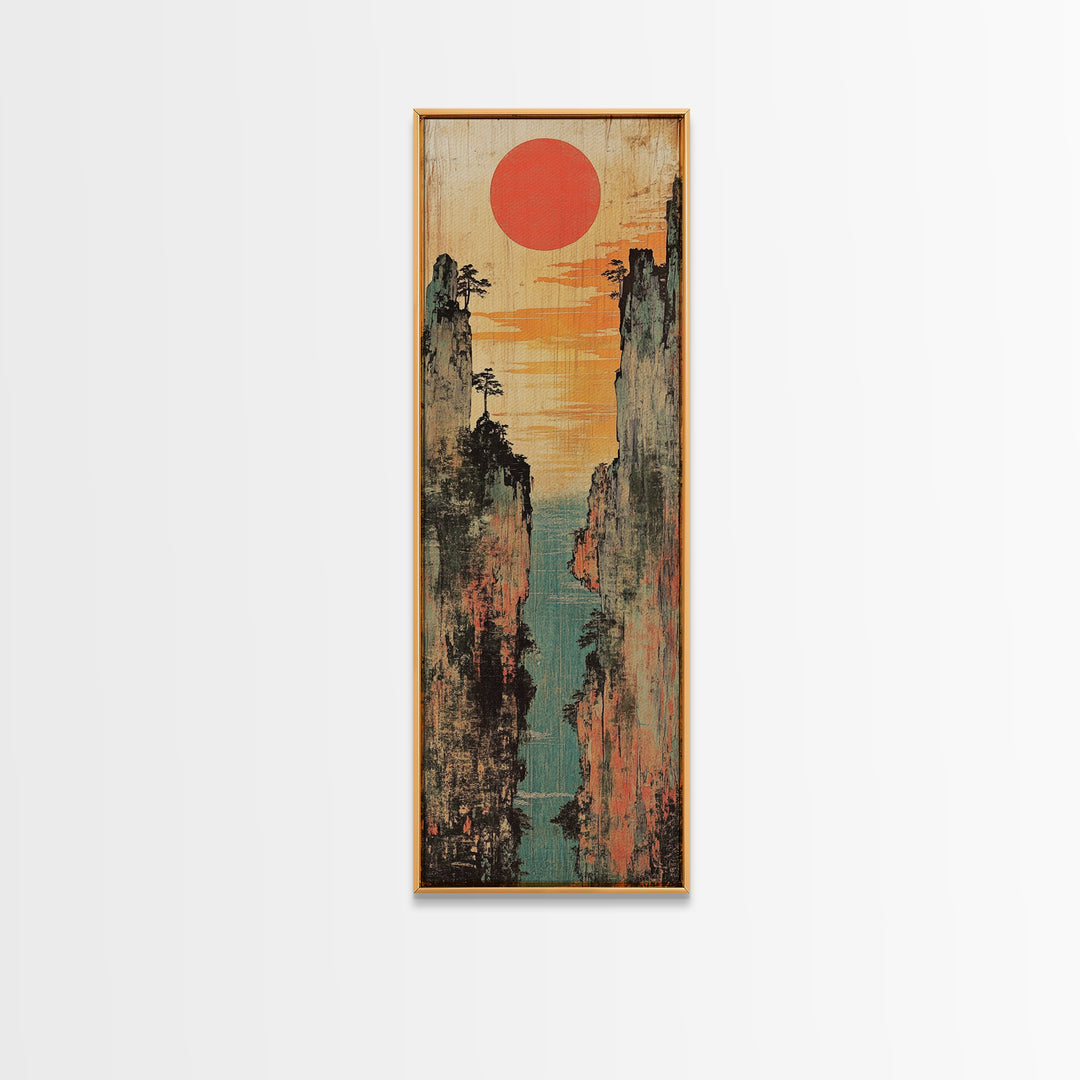 Red Sun Canyon Seascape Between Weathered Cliffs Canvas Print, Japanese Wall Art, Coastal Decor, Modern Landscape, Art Print