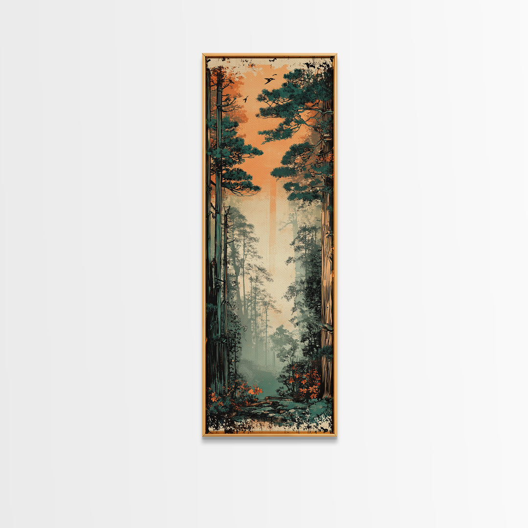 Tall Misty Pine Forest At Orange Dawn Wall Art, Nature Landscape Print, Japandi Decor, Calming Living Room Wall Decor, Home Decor