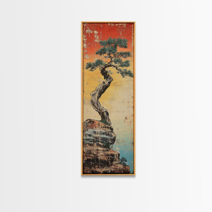 Weathered Bonsai Pine On Rocky Cliff With Red Sky Canvas Print, Japanese Wall Art, Wabi Sabi Decor, Zen Home Decor, Nature Art