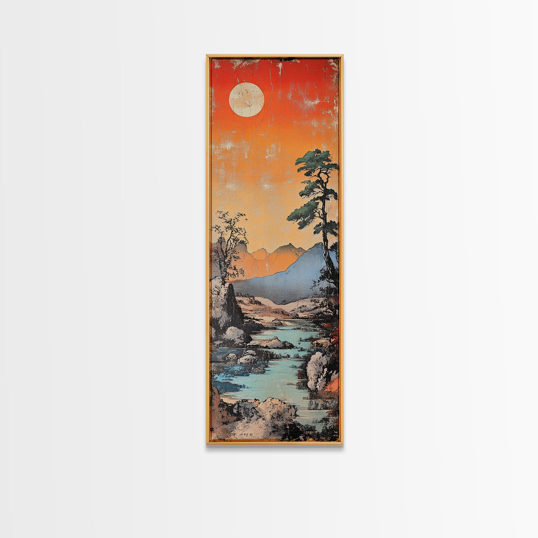 Moonlit Mountain River At Coral Sunset With Lone Pine Wall Art, Japanese Landscape Art, Rustic Decor, Nature Wall Decor Print