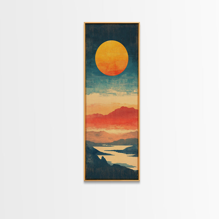 Golden Sun Over Coral Mountains And Reflective Lake Canvas Print, Abstract Landscape, Modern Wall Art, Coastal Decor, Home Decor