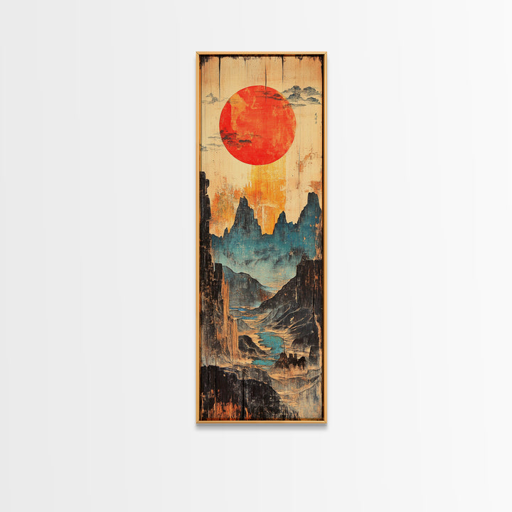 Red Sun Over Blue Mountain Valley And Winding River Wall Art, Japanese Landscape Print, Asian Decor, Statement Artwork, Home Decor