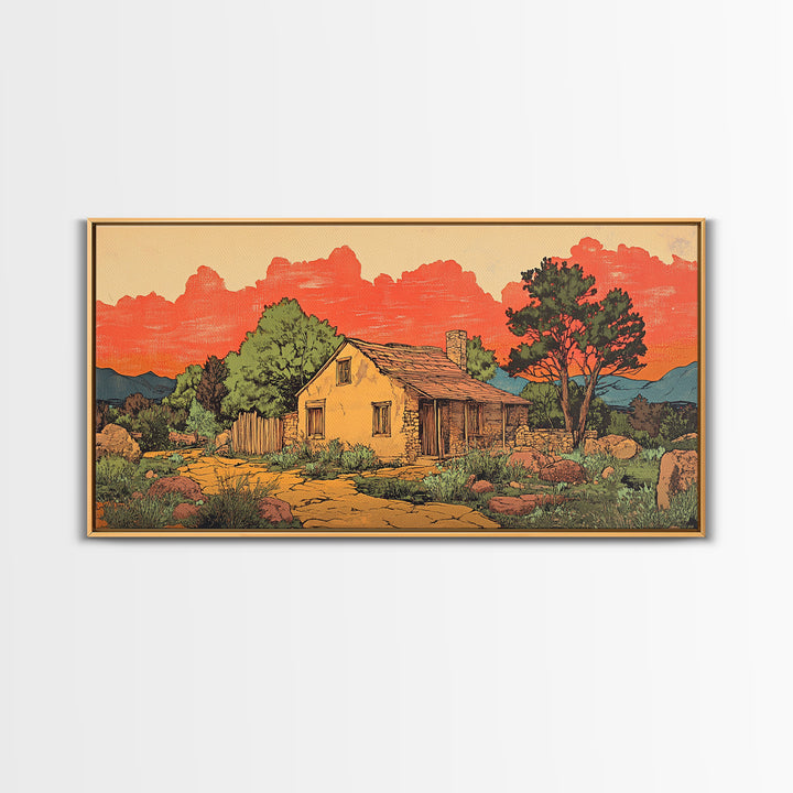 Adobe Desert Cabin At Red Sunset Wall Art, Rustic Southwestern Landscape Print, Western Home Decor, Large Canvas Wall Art