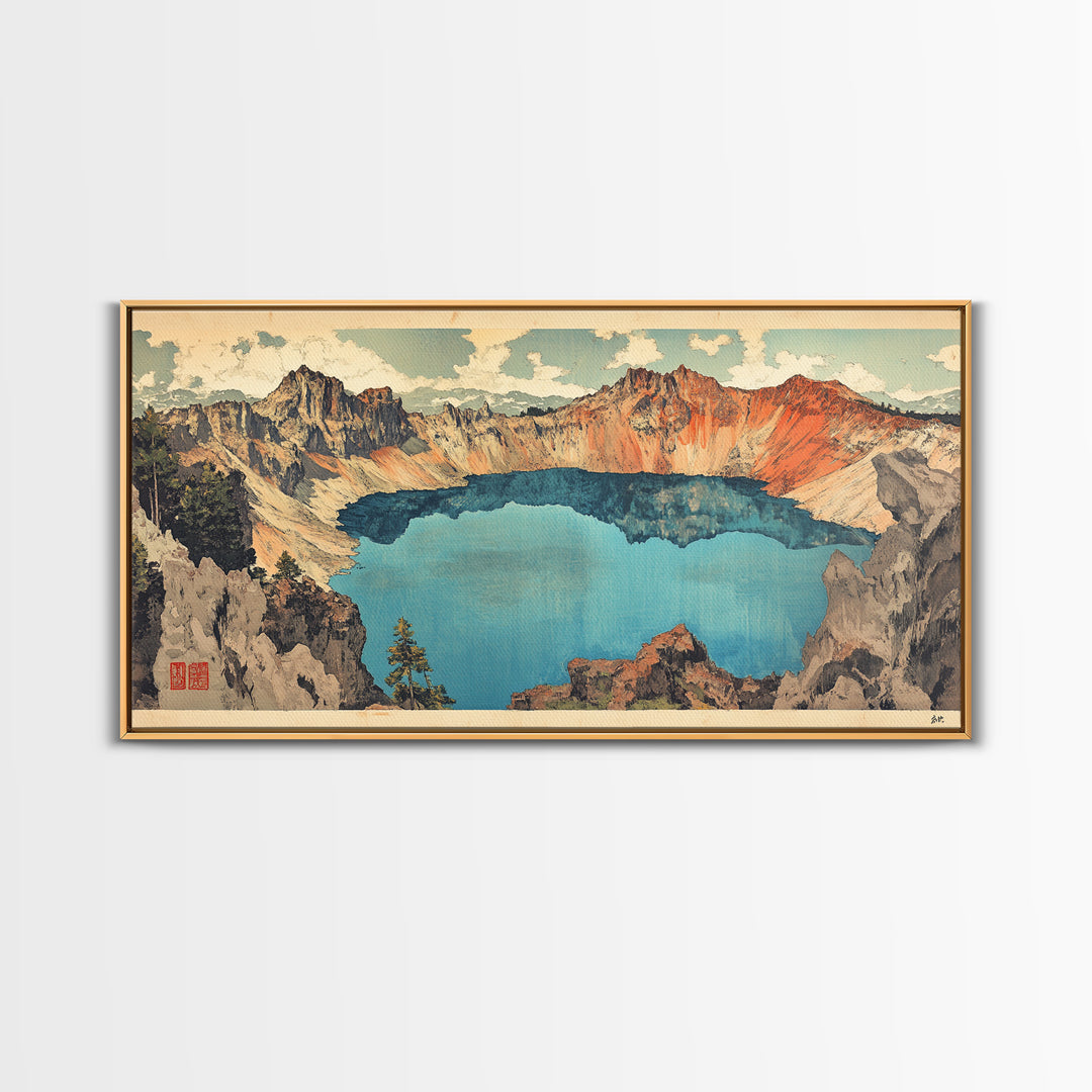 Turquoise Crater Lake And Rugged Mountain Wall Art, Japanese Landscape Print, Panoramic Canvas Art, Nature Home Decor, Large Wall Decor