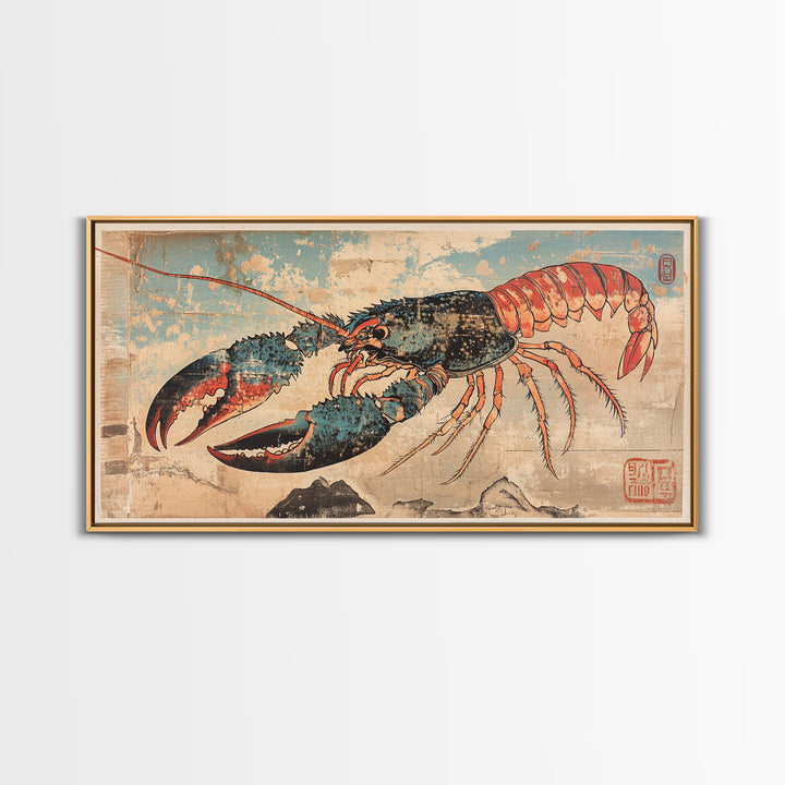 Blue And Coral Lobster With Large Claws Canvas Print, Coastal Kitchen Wall Art, Seafood Art Print, Nautical Home Decor, Beach House Decor