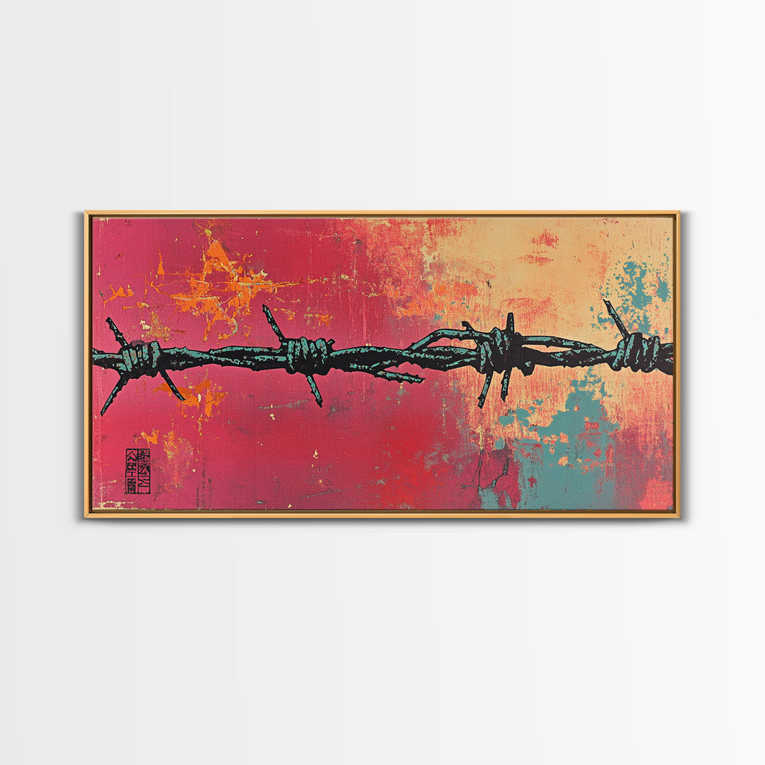Black Barbed Wire On Coral Teal Wall Art, Urban Graffiti Print, Abstract Street Art, Edgy Modern Office Wall Decor Gift For Him