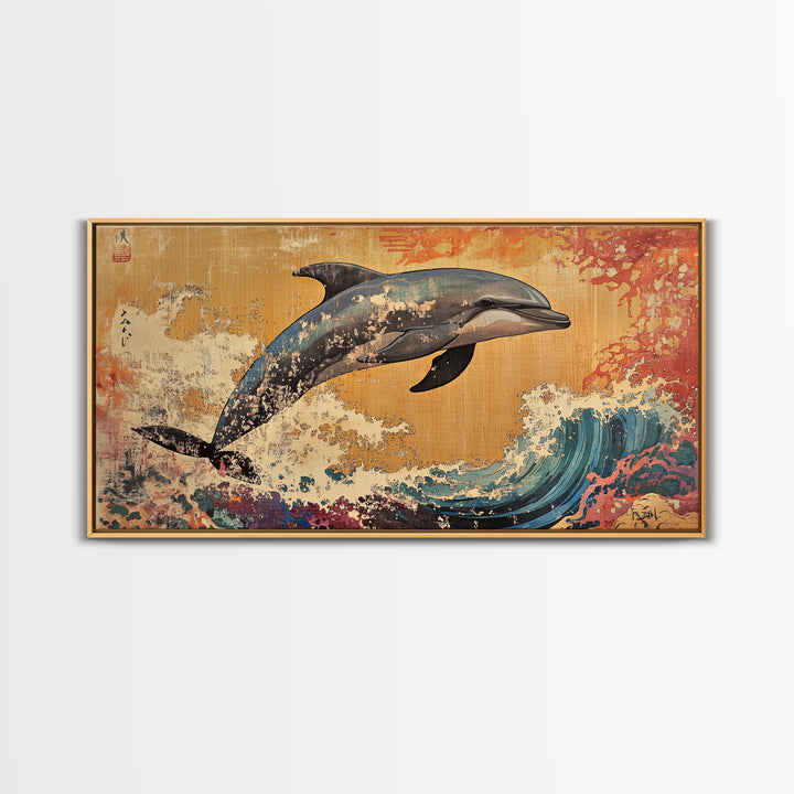 Dolphin Leaping Over Ukiyo E Wave Canvas Print, Japanese Ocean Wall Art, Coastal Nursery Decor, Sea Life Home Decor, Gift For Her
