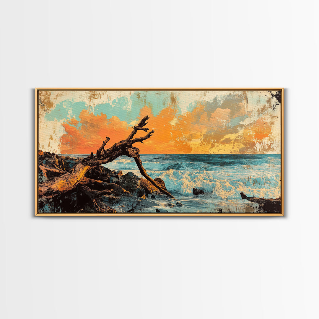 Driftwood Ocean Sunset Seascape Framed Canvas Print, Coastal Wall Art, Beach House Decor, Nautical Living Room Decor, Gift For Her