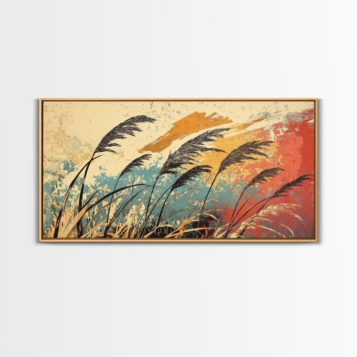 Windblown Reeds In Teal And Rust Wall Art, Japanese Inspired Abstract Landscape, Boho Living Room Decor, Large Canvas Print