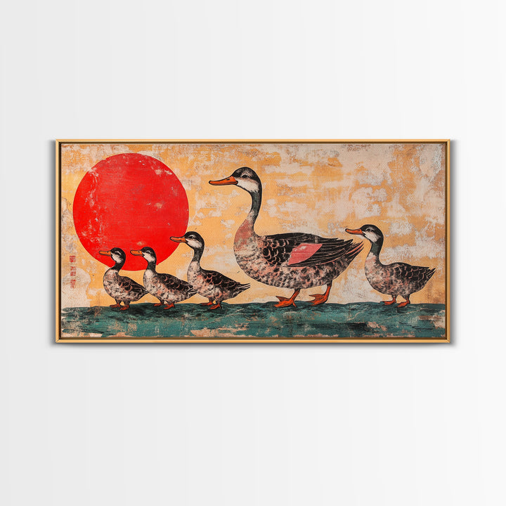 Mallard Duck Family With Red Sun Wall Art, Japanese Bird Art Print, Whimsical Animal Decor, Nursery Or Kitchen Canvas Print