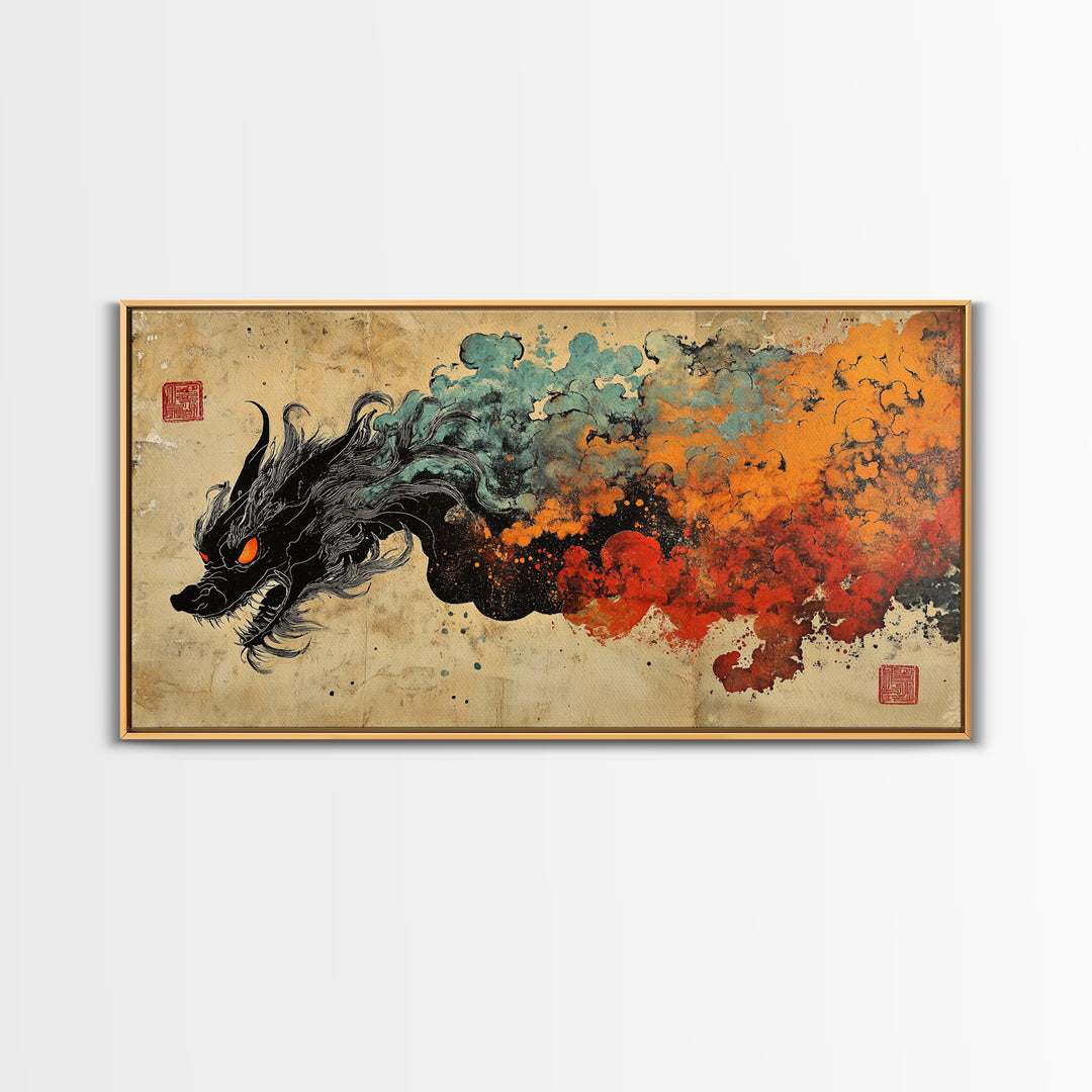 Black Dragon With Fiery Smoke Wall Art, Japanese Fantasy Art Print, Dark Mythical Decor, Dramatic Gaming Room Canvas Print