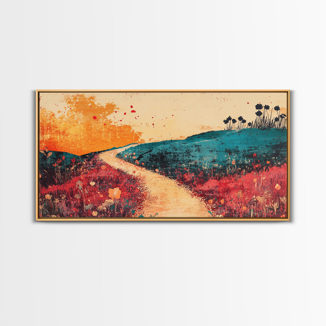 Sunlit Path Through Teal Hills Wall Art, Abstract Landscape Print, Colorful Wildflower Decor, Boho Living Room Canvas Print