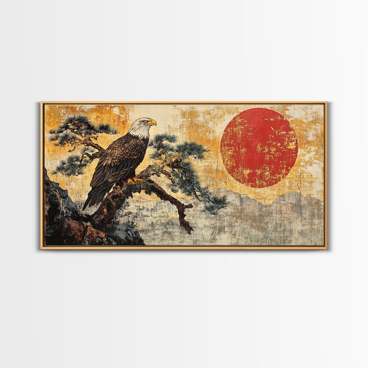 Bald Eagle On Pine Branch Wall Art, Japanese Wildlife Art Print, Rustic Nature Decor, Patriotic Living Room Canvas Print