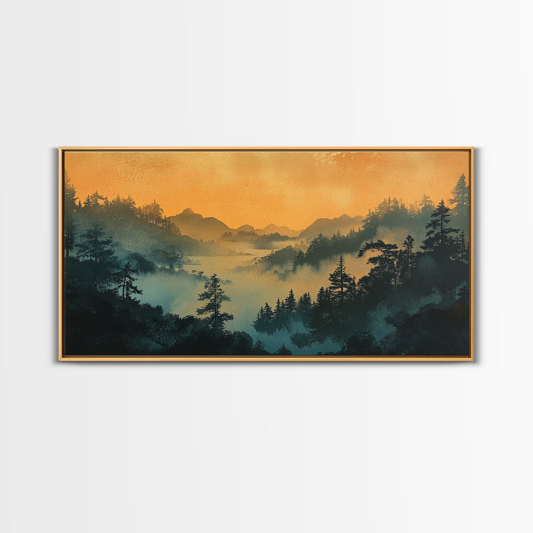 Misty Mountain Forest At Sunrise Wall Art, Japanese Landscape Print, Moody Nature Decor, Serene Bedroom Framed Canvas Print