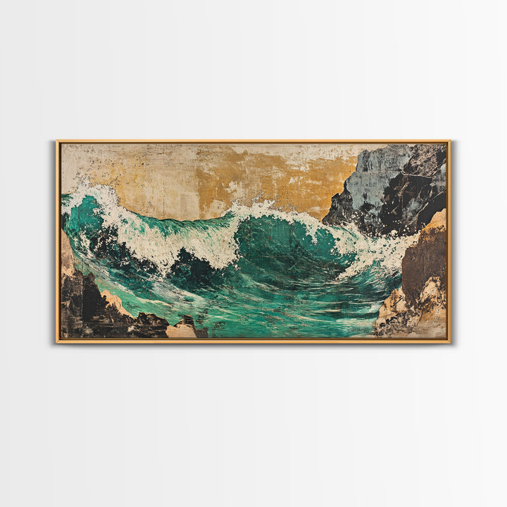 Turquoise Ocean Wave Between Cliffs Wall Art, Japanese Seascape Print, Coastal Beach House Decor, Large Framed Canvas Print