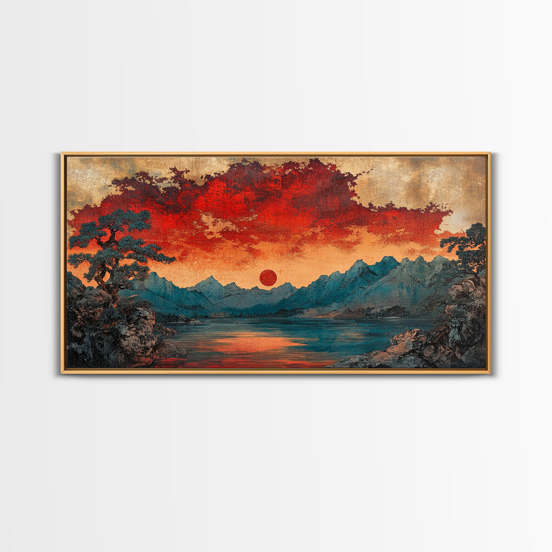 Red Sun Mountain Lake Wall Art, Japanese Landscape Print, Moody Sunset Canvas, Asian Inspired Living Room Home Decor