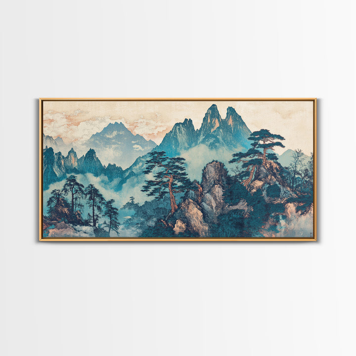 Misty Mountain Pine Wall Art, Japanese Landscape Print, Blue Green Nature Canvas, Zen Living Room Decor Home Decor Office Decor