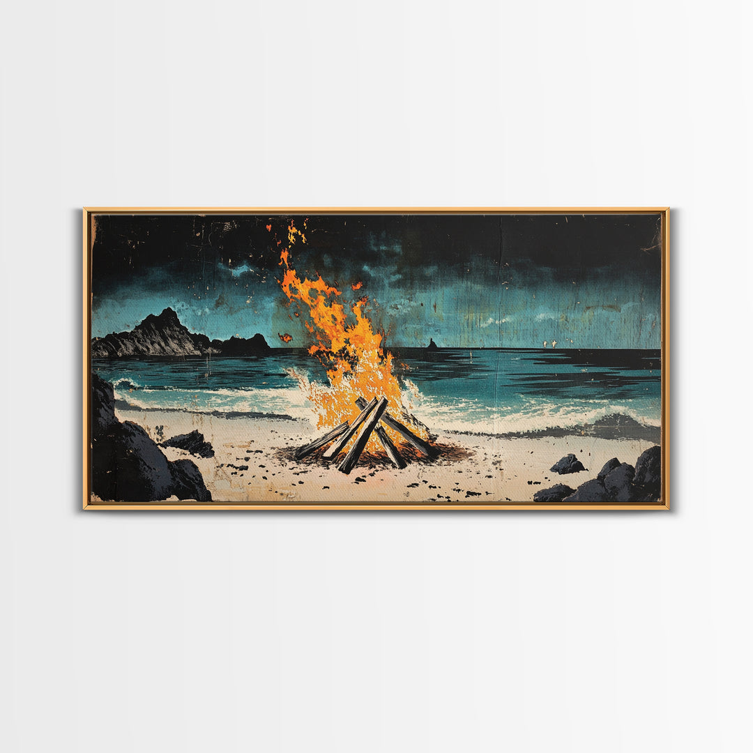 Beach Bonfire Wall Art, Coastal Campfire Canvas Print, Ocean Night Seascape, Rustic Cabin Decor, Man Cave Decor Home Decor Gift