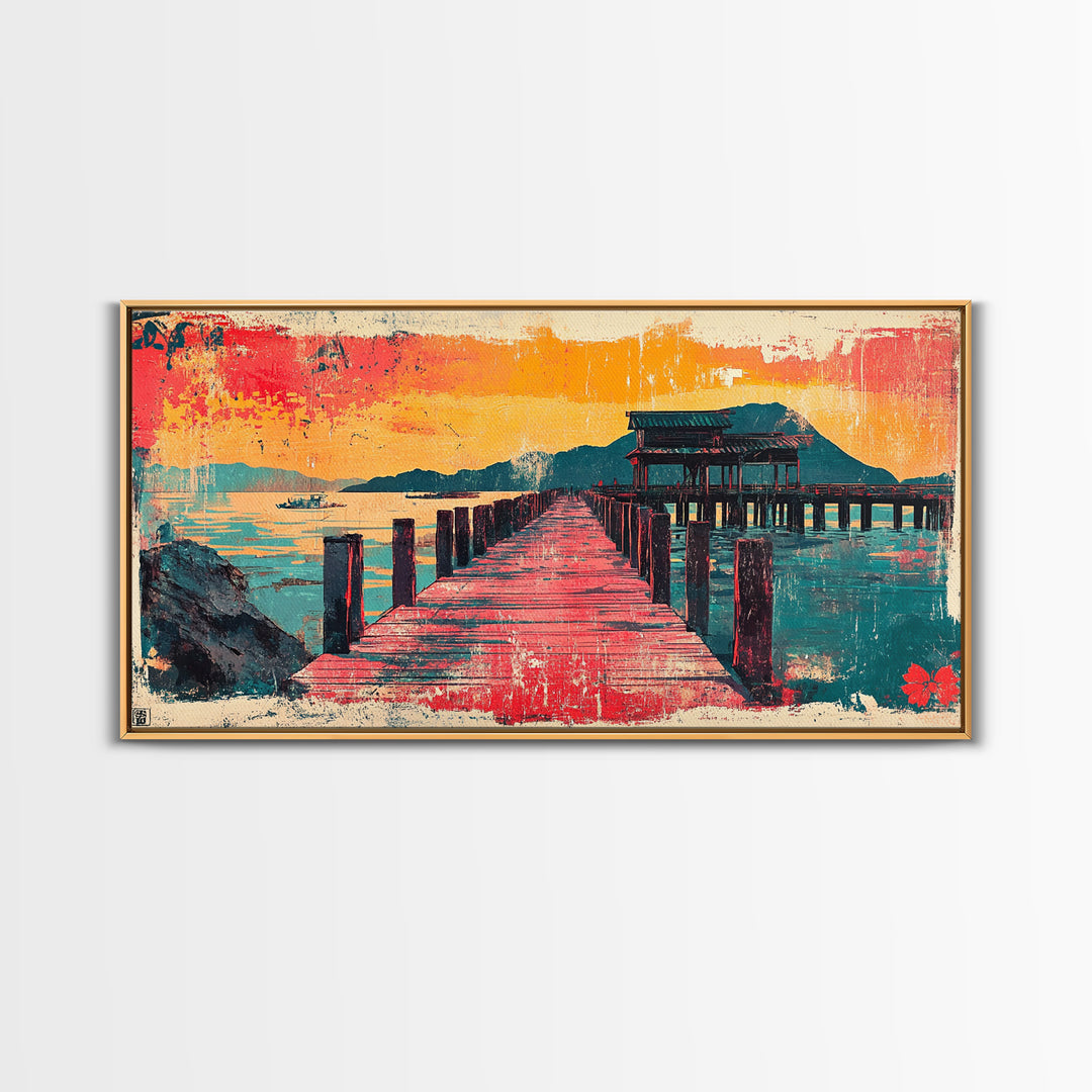 Red Pier Sunset Wall Art, Japanese Coastal Landscape Print, Teal Ocean Canvas, Asian Inspired Home Decor For Living Room
