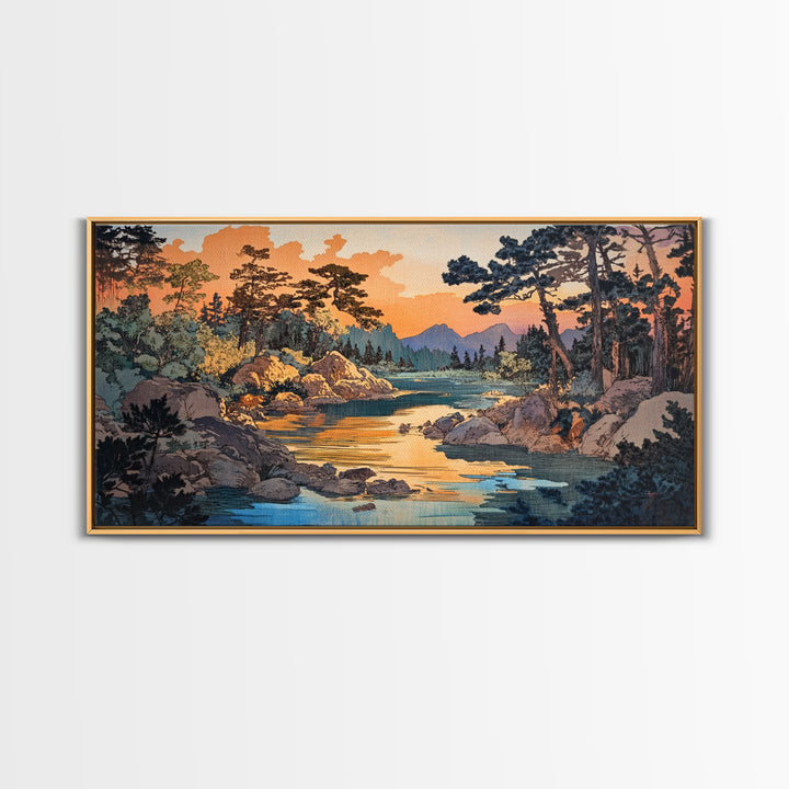 Golden River Forest Wall Art, Japanese Landscape Print, Pine Woodland Canvas, Nature Inspired Living Room Home Decor Gift