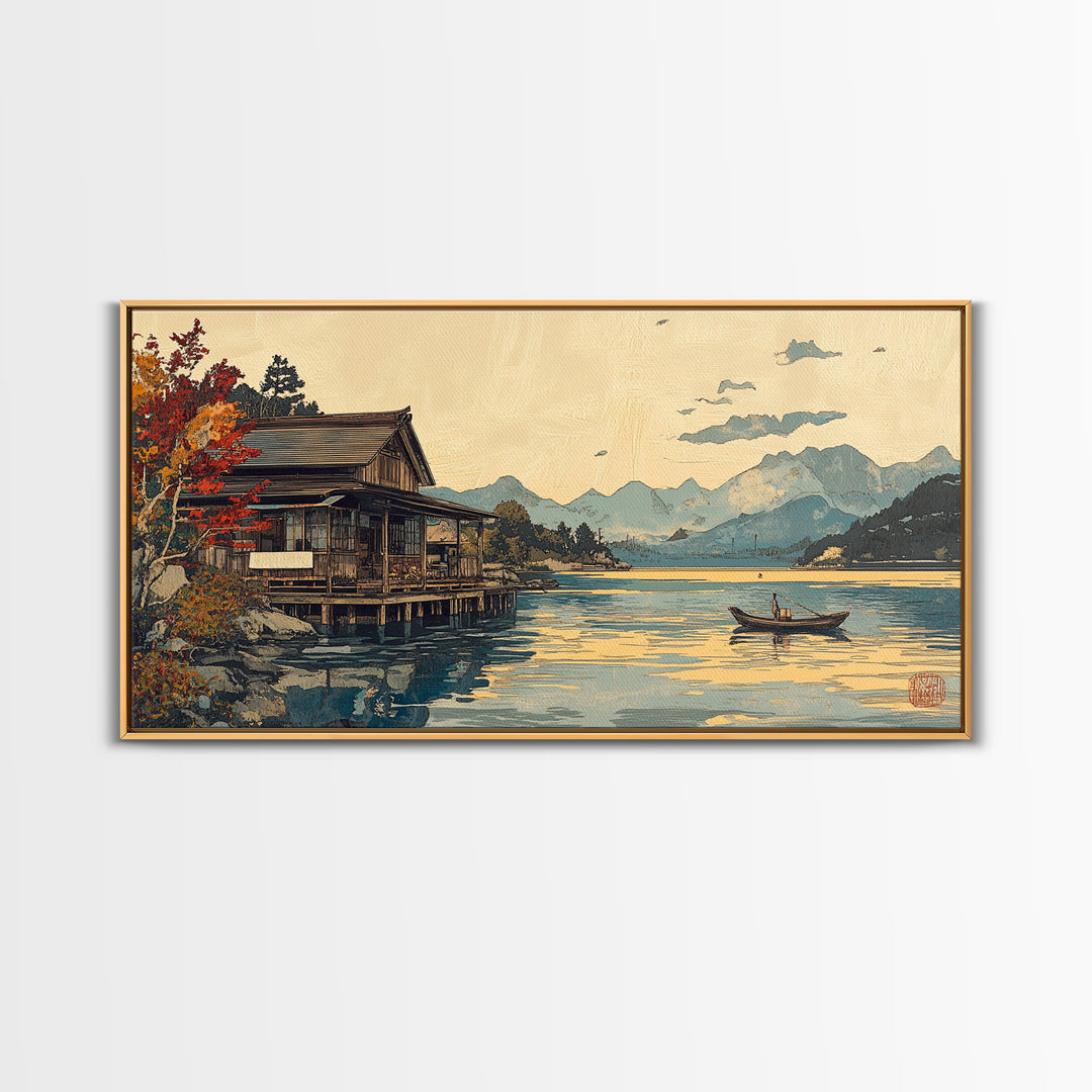 Japanese Lakeside Cabin With Boat Framed Canvas Print, Mountain Landscape Wall Art, Japandi Decor, Serene Living Room Decor