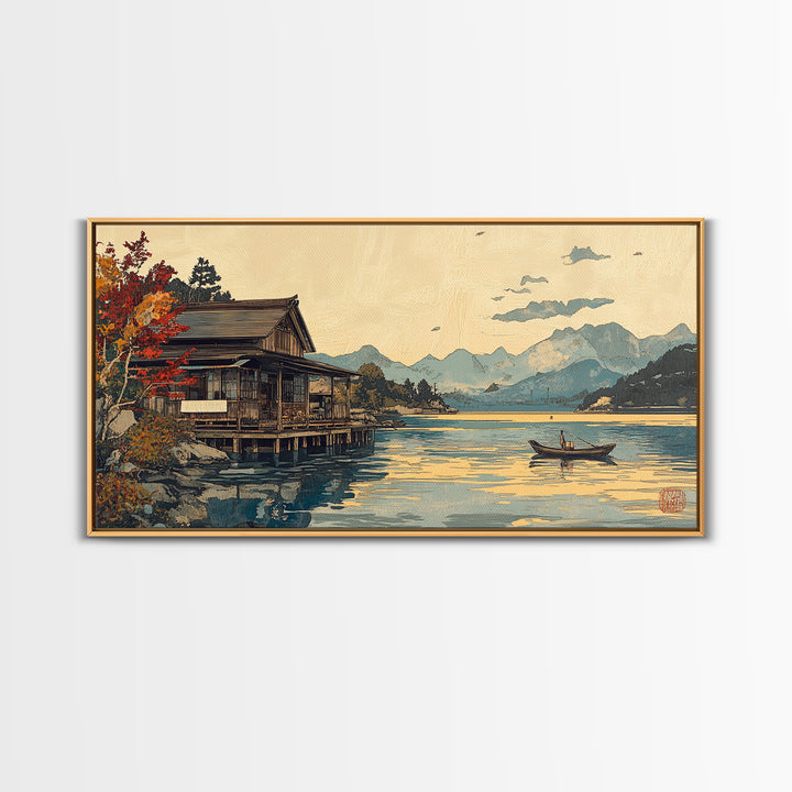 Japanese Lakeside Cabin With Boat Framed Canvas Print, Mountain Landscape Wall Art, Japandi Decor, Serene Living Room Decor