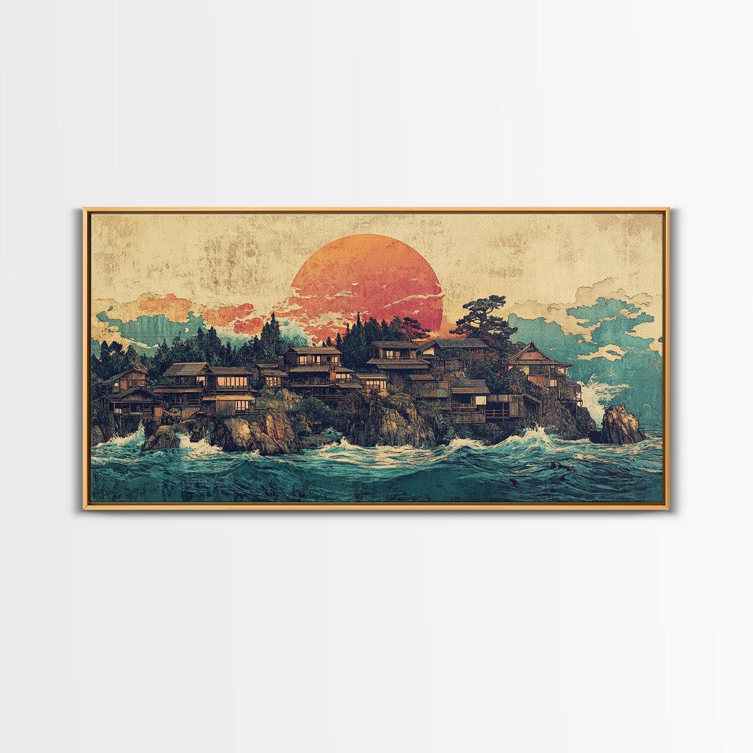 Japanese Coastal Village At Sunset Canvas Print, Ocean Wall Art, Seascape Decor, Japandi Living Room Wall Decor Gift