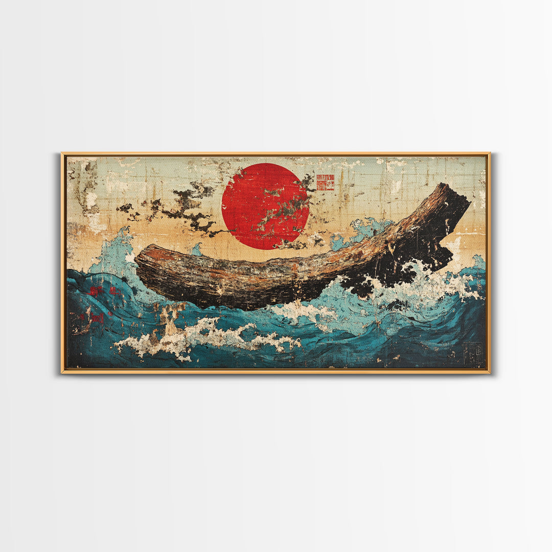 Driftwood Log In Blue Ocean Waves Canvas Print, Japanese Nautical Wall Art, Rustic Coastal Decor, Modern Seascape Art Print