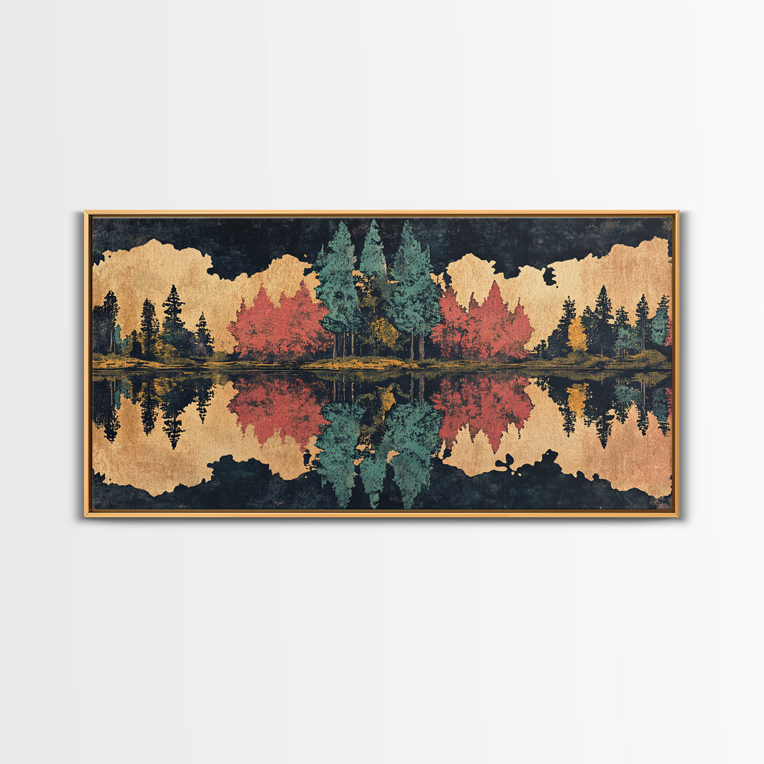 Autumn Forest Lake Reflection Wall Art, Abstract Landscape Print, Panoramic Canvas Decor For Living Room And Cabin, Rustic Home Decor Gift