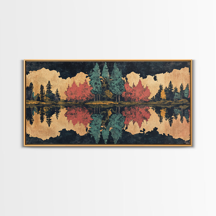 Autumn Forest Lake Reflection Wall Art, Abstract Landscape Print, Panoramic Canvas Decor For Living Room And Cabin, Rustic Home Decor Gift