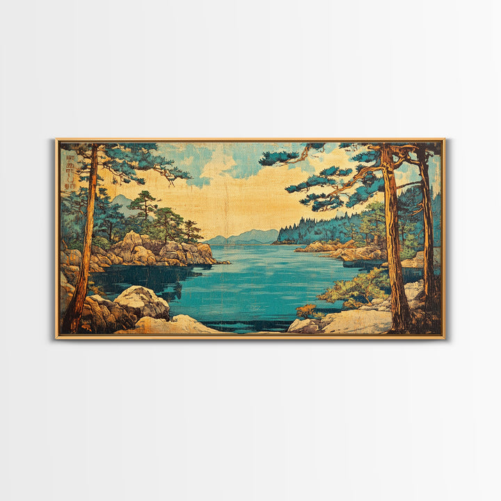 Rocky Pine Coast And Blue Lake Framed Canvas Print, Japanese Landscape Wall Art, Coastal Nature Decor For Living Room, Beach House Gift