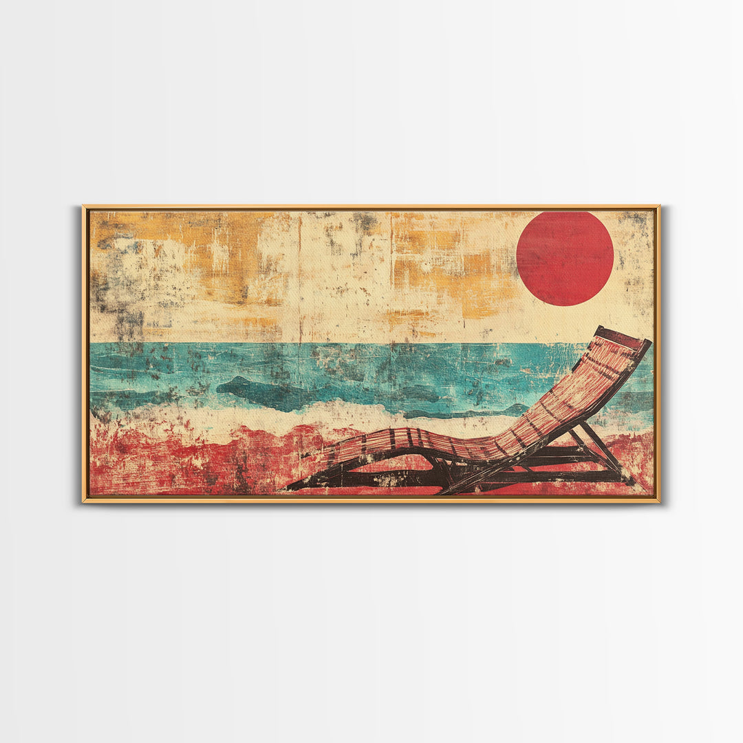 Red Sun Beach Chair Canvas Print, Coastal Wall Art, Ocean Waves Poster, Summer Beach House Decor For Bedroom And Living Room