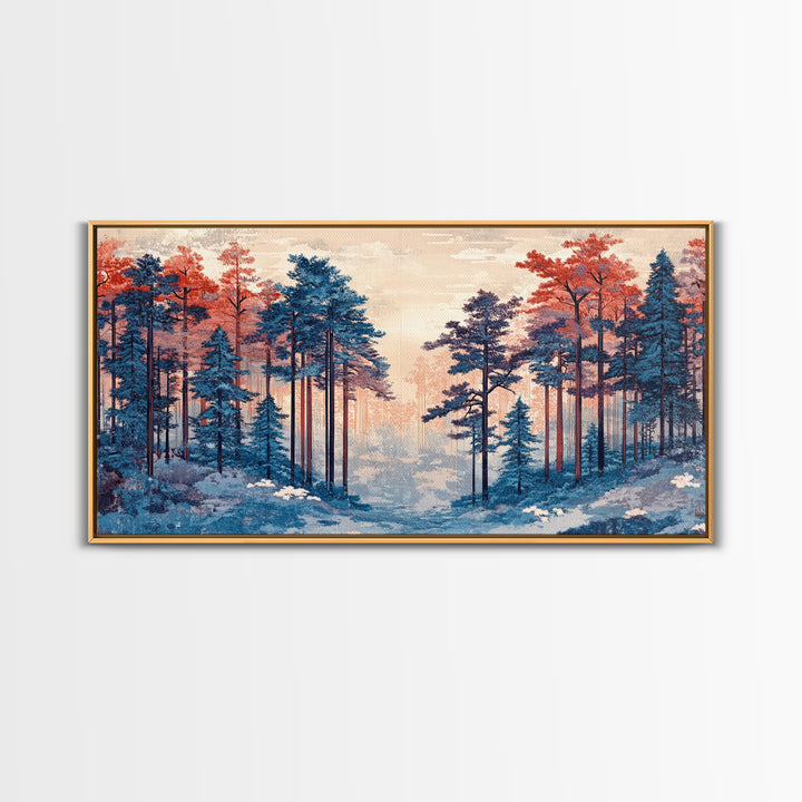 Misty Blue Pine Forest With Coral Autumn Trees Wall Art, Nature Landscape Print, Scandinavian Decor, Cozy Bedroom Wall Decor